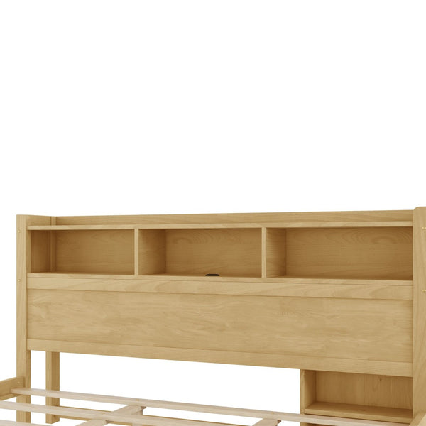 English Elm King Platform Bed with LED Headboard Storage Drawers and Pull Out Cabinet in Wood Natural W2593S00085