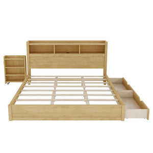 English Elm King Platform Bed with LED Headboard Storage Drawers and Pull Out Cabinet in Wood Natural W2593S00085