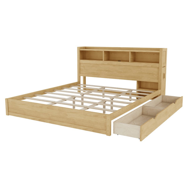 English Elm King Platform Bed with LED Headboard Storage Drawers and Pull Out Cabinet in Wood Natural W2593S00085