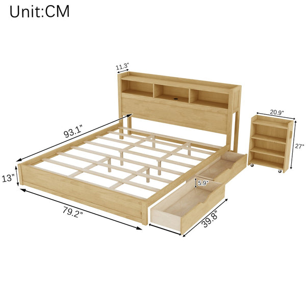 English Elm King Platform Bed with LED Headboard Storage Drawers and Pull Out Cabinet in Wood Natural W2593S00085