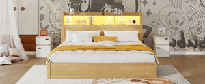 English Elm King Platform Bed with LED Headboard Storage Drawers and Pull Out Cabinet in Wood Natural W2593S00085