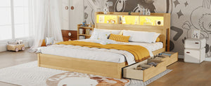 English Elm King Platform Bed with LED Headboard Storage Drawers and Pull Out Cabinet in Wood Natural W2593S00085