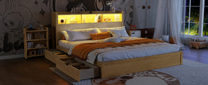 English Elm King Platform Bed with LED Headboard Storage Drawers and Pull Out Cabinet in Wood Natural W2593S00085