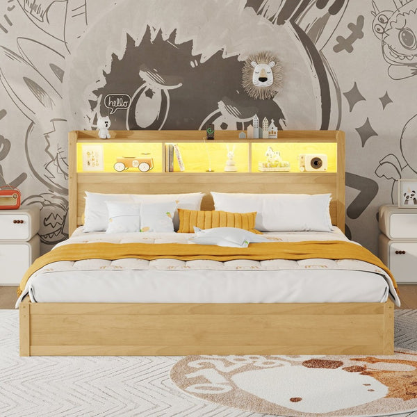 English Elm King Platform Bed with LED Headboard Storage Drawers and Pull Out Cabinet in Wood Natural W2593S00085