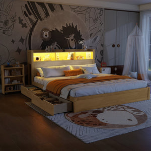 English Elm King Platform Bed with LED Headboard Storage Drawers and Pull Out Cabinet in Wood Natural W2593S00085