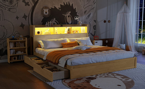English Elm King Platform Bed with LED Headboard Storage Drawers and Pull Out Cabinet in Wood Natural W2593S00085