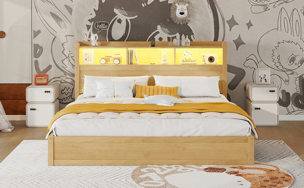 English Elm King Platform Bed with LED Headboard Storage Drawers and Pull Out Cabinet in Wood Natural W2593S00085
