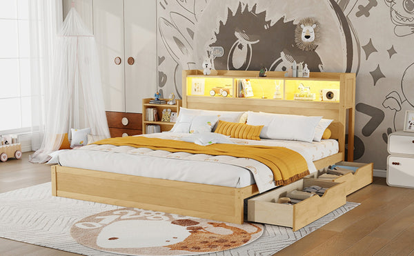English Elm King Platform Bed with LED Headboard Storage Drawers and Pull Out Cabinet in Wood Natural W2593S00085