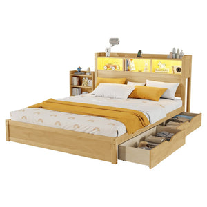 English Elm King Platform Bed with LED Headboard Storage Drawers and Pull Out Cabinet in Wood Natural W2593S00085