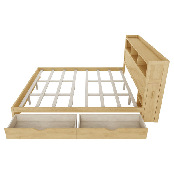 English Elm King Platform Bed with LED Headboard Storage Drawers and Pull Out Cabinet in Wood Natural W2593S00085