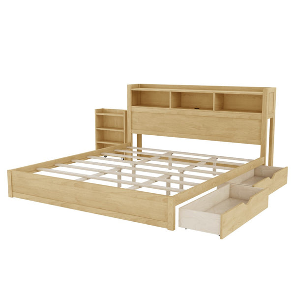 English Elm King Platform Bed with LED Headboard Storage Drawers and Pull Out Cabinet in Wood Natural W2593S00085
