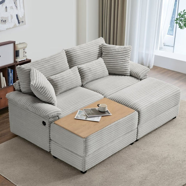 English Elm Double Chaise Lounge Corduroy Set with Flip Top Storage Ottomans and USB Ports W2606S00012
