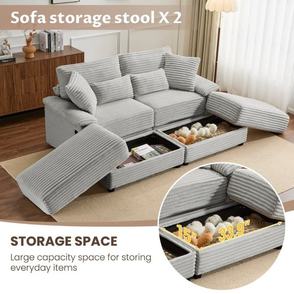 English Elm Double Chaise Lounge Corduroy Set with Flip Top Storage Ottomans and USB Ports W2606S00012