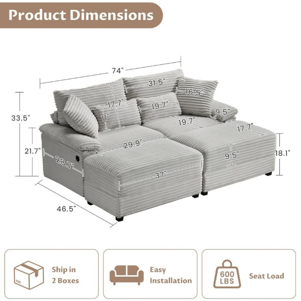 English Elm Double Chaise Lounge Corduroy Set with Flip Top Storage Ottomans and USB Ports W2606S00012