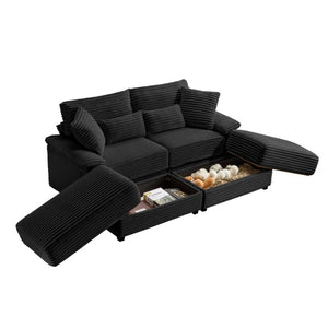 English Elm Double Chaise Lounge Set Corduroy Upholstered with Storage Ottomans and USB Charging W2606S00013