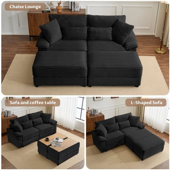 English Elm Double Chaise Lounge Set Corduroy Upholstered with Storage Ottomans and USB Charging W2606S00013
