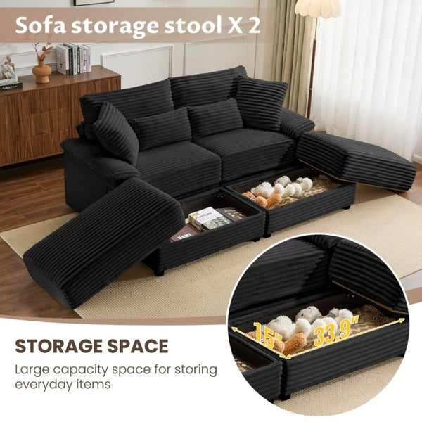 English Elm Double Chaise Lounge Set Corduroy Upholstered with Storage Ottomans and USB Charging W2606S00013