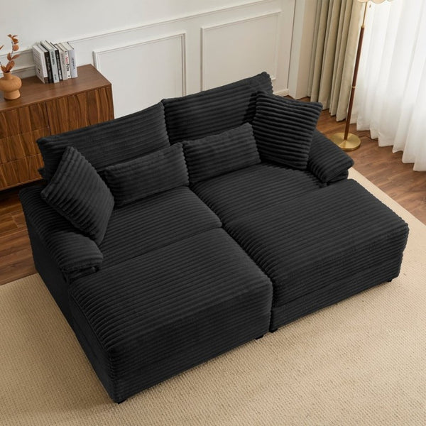 English Elm Double Chaise Lounge Set Corduroy Upholstered with Storage Ottomans and USB Charging W2606S00013