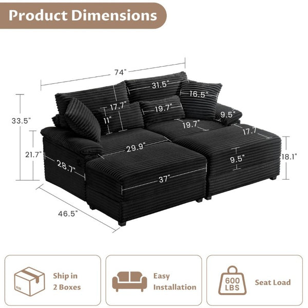 English Elm Double Chaise Lounge Set Corduroy Upholstered with Storage Ottomans and USB Charging W2606S00013