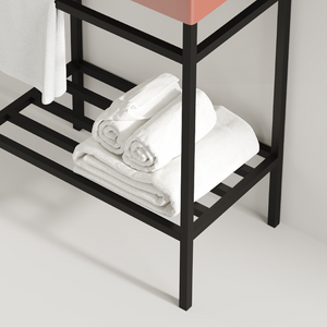 English Elm Lofi Matte Black Iron Bathroom Shelf Frame with Towel Rack and Open Storage Tier W2615P224352