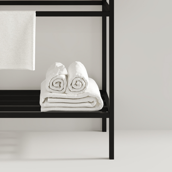 English Elm Lofi Matte Black Iron Bathroom Shelf Frame with Towel Rack and Open Storage Tier W2615P224352
