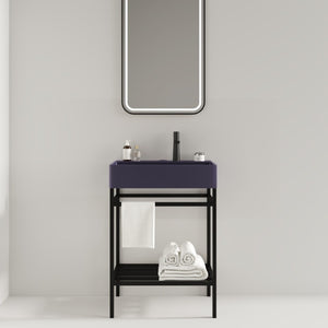 English Elm Lofi Matte Black Iron Bathroom Shelf Frame with Towel Rack and Open Storage Tier W2615P224352