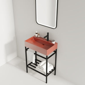 English Elm Lofi Matte Black Iron Bathroom Shelf Frame with Towel Rack and Open Storage Tier W2615P224352