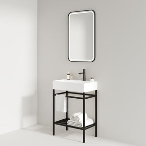 English Elm Lofi Matte Black Iron Bathroom Shelf Frame with Towel Rack and Open Storage Tier W2615P224352