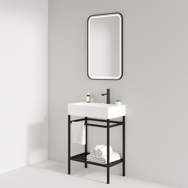 English Elm Lofi Matte Black Iron Bathroom Shelf Frame with Towel Rack and Open Storage Tier W2615P224352