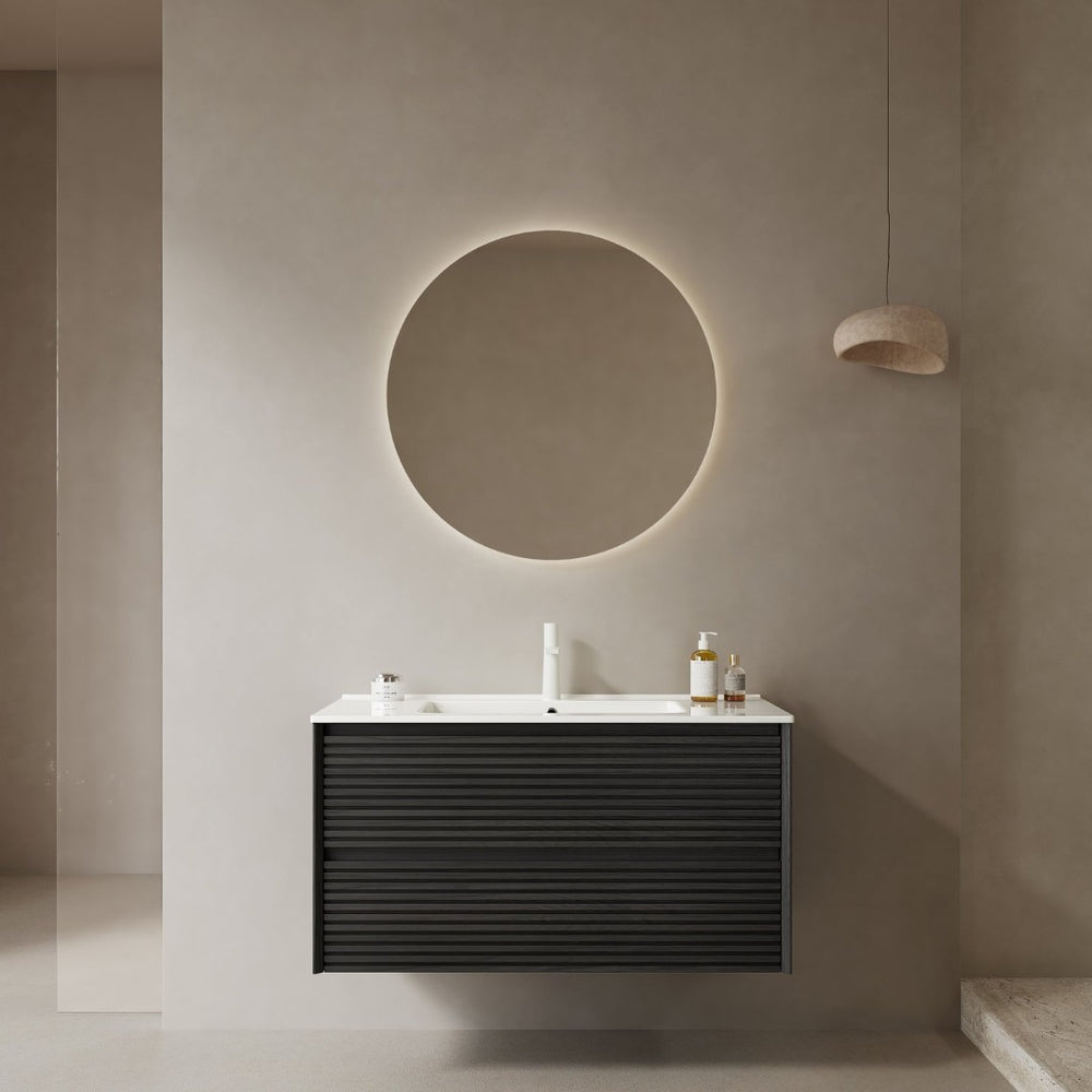 English Elm Bron Floating Bathroom Vanity Plywood Cabinet Two Drawers Ceramic Basin Dark Oak W2615P264718
