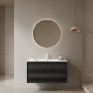 English Elm Bron Floating Bathroom Vanity Plywood Cabinet Two Drawers Ceramic Basin Dark Oak W2615P264718