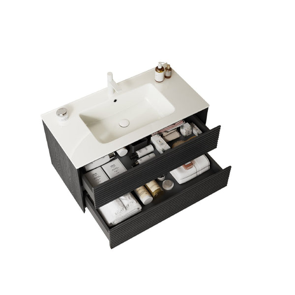 English Elm Bron Floating Bathroom Vanity Plywood Cabinet Two Drawers Ceramic Basin Dark Oak W2615P264718