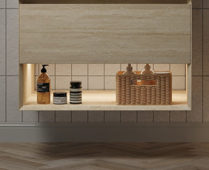 English Elm Frigga Floating Bathroom Vanity Cabinet with Oak Finish LED Shelf and Soft Close Drawer W2615P330779