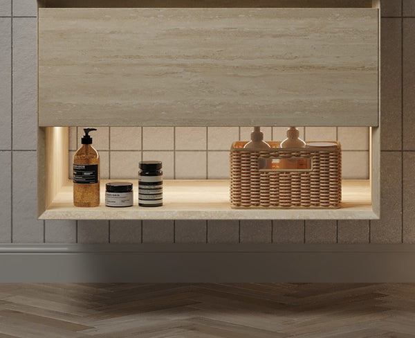 English Elm Frigga Floating Bathroom Vanity Cabinet with Oak Finish LED Shelf and Soft Close Drawer W2615P330779