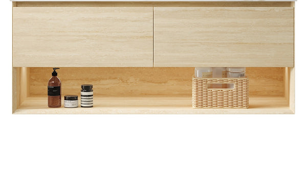 English Elm Frigga Floating Bathroom Vanity Cabinet Oak Travertine Finish with LED Shelf and Soft Close Drawers W2615P330781