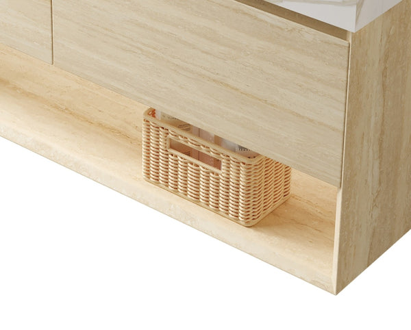 English Elm Frigga Floating Bathroom Vanity Cabinet Oak Travertine Finish with LED Shelf and Soft Close Drawers W2615P330781