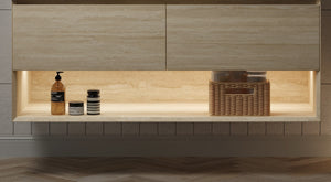 English Elm Frigga Floating Bathroom Vanity Cabinet Oak Travertine Finish with LED Shelf and Soft Close Drawers W2615P330781