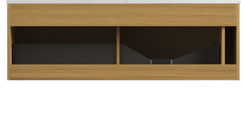 English Elm Nyah Wall Mounted Oak Vanity Cabinet with LED Interior and Soft Close Drawers W2615P346345