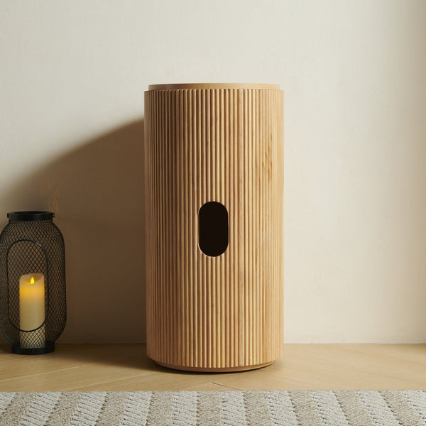English Elm Jinbo Fluted Cylindrical Freestanding Bathroom Cabinet Solid Wood Walnut Sculptural Storage Natural Wood W2615P406535