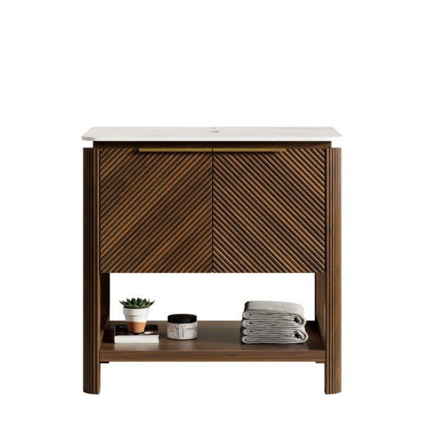 English Elm Indigo Fluted Walnut Freestanding Bathroom Cabinet with Sintered Stone Top and Plywood Body W2615P435946