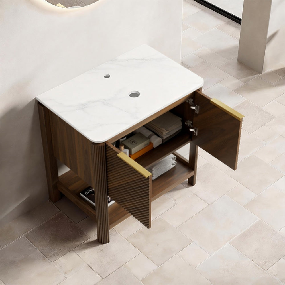 English Elm Indigo Fluted Walnut Freestanding Bathroom Cabinet with Sintered Stone Top and Plywood Body W2615P435946