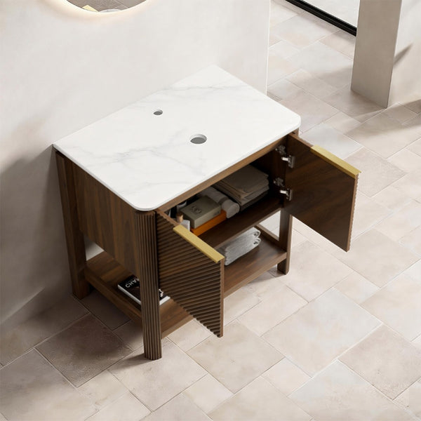 English Elm Indigo Fluted Walnut Freestanding Bathroom Cabinet with Sintered Stone Top and Plywood Body W2615P435946