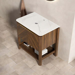 English Elm Indigo Fluted Walnut Freestanding Bathroom Cabinet with Sintered Stone Top and Plywood Body W2615P435946