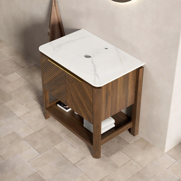 English Elm Indigo Fluted Walnut Freestanding Bathroom Cabinet with Sintered Stone Top and Plywood Body W2615P435946