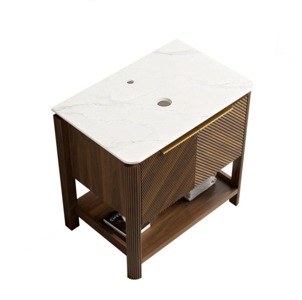 English Elm Indigo Fluted Walnut Freestanding Bathroom Cabinet with Sintered Stone Top and Plywood Body W2615P435946