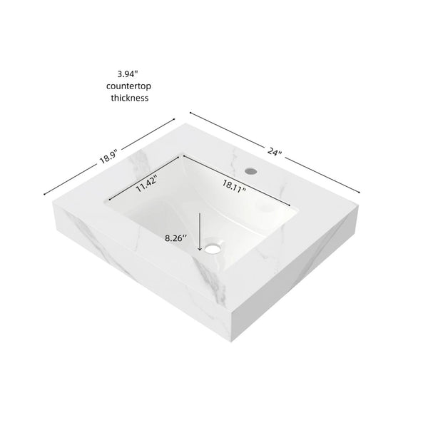 English Elm 24 Inch Sintered Stone Bathroom Countertop with Undermount Ceramic Basin Faucet Ready Carrara White One Hole W2615P479161
