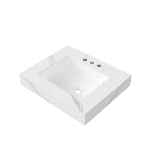 English Elm 24 Inch Sintered Stone Bathroom Countertop with Undermount Ceramic Basin Faucet Ready Carrara White Three Holes W2615P480140