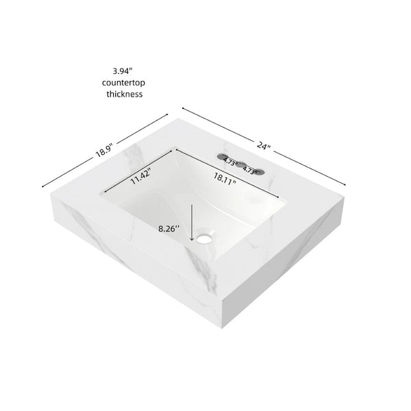 English Elm 24 Inch Sintered Stone Bathroom Countertop with Undermount Ceramic Basin Faucet Ready Carrara White Three Holes W2615P480140