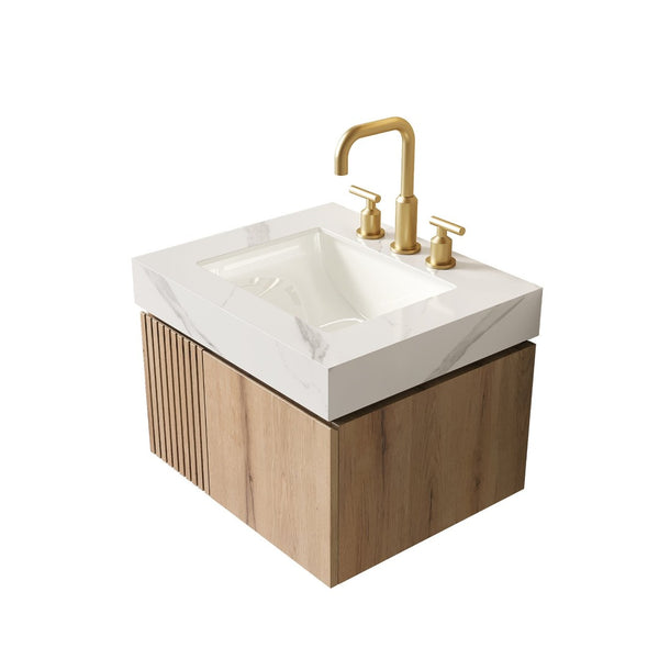 English Elm 24 Inch Sintered Stone Bathroom Countertop with Undermount Ceramic Basin Faucet Ready Carrara White Three Holes W2615P480140