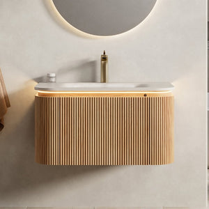 English Elm Dien Floating Bathroom Vanity Sintered Stone Basin Sensor LED Woodgrain Striped Cabinet W2615P503256